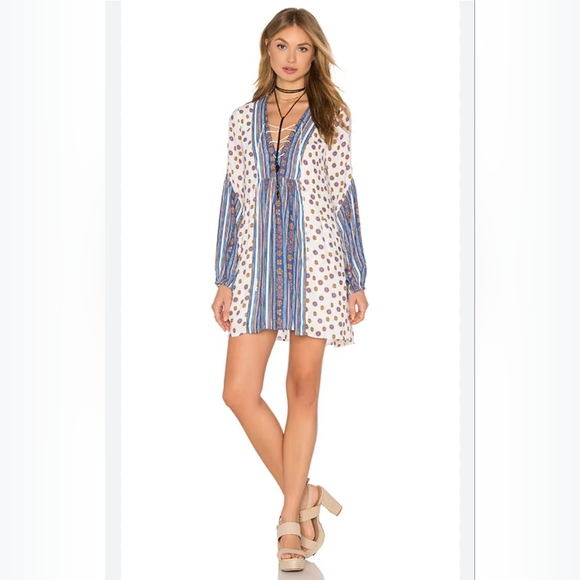 Free People Rain Or Shine Blue and White Lace up Mini Dress | Balloon Sleeve | M - Picture 1 of 9